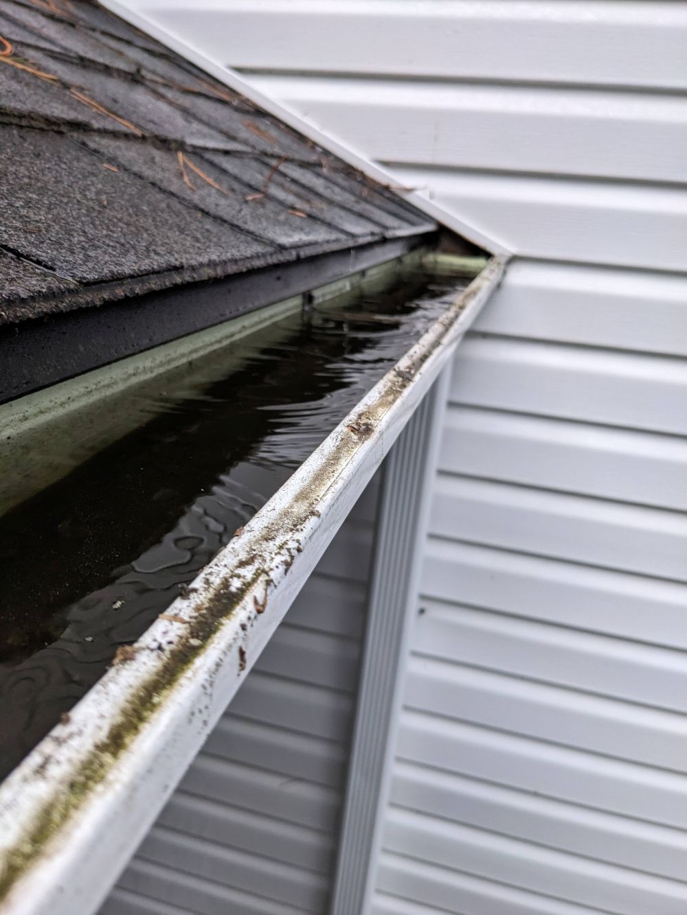 Water standing in a rain gutter instead of flowing toward the downspout.